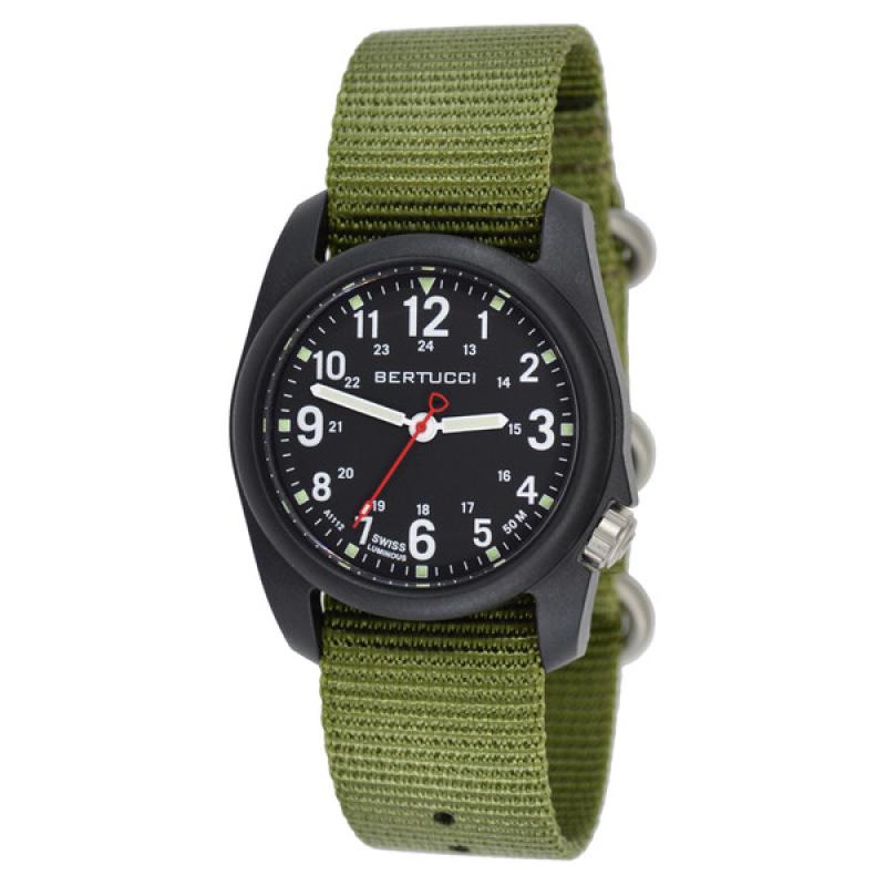 Bertucci DX3 Field Poly Resin Watch, Olive Green Nylon Strap, Black Dial