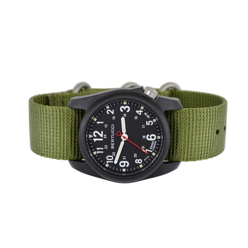 Bertucci DX3 Field Poly Resin Watch, Olive Green Nylon Strap, Black Dial