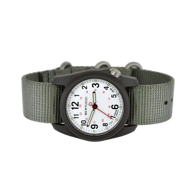 Bertucci DX3 Field Resin Watch, Defender Drab Nylon Strap, White Dial