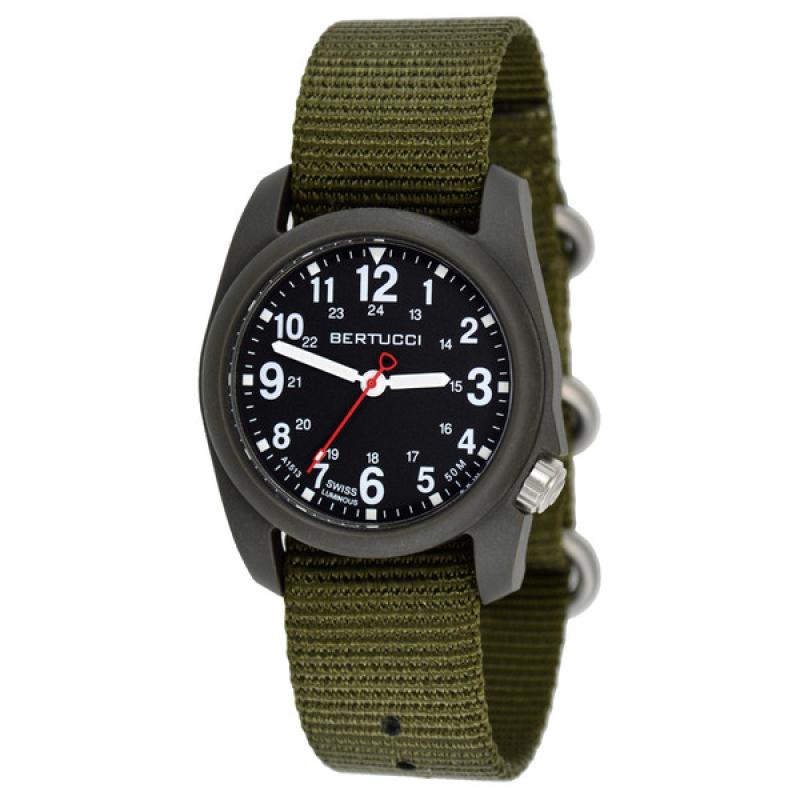 Bertucci DX3 Field Resin Watch, Olive Green Nylon Strap, Black Dial