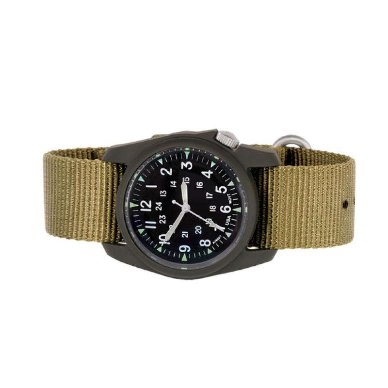 Bertucci retro-inspired Retroform field watch with a USA movement, 5 year battery and G-Type nylon band