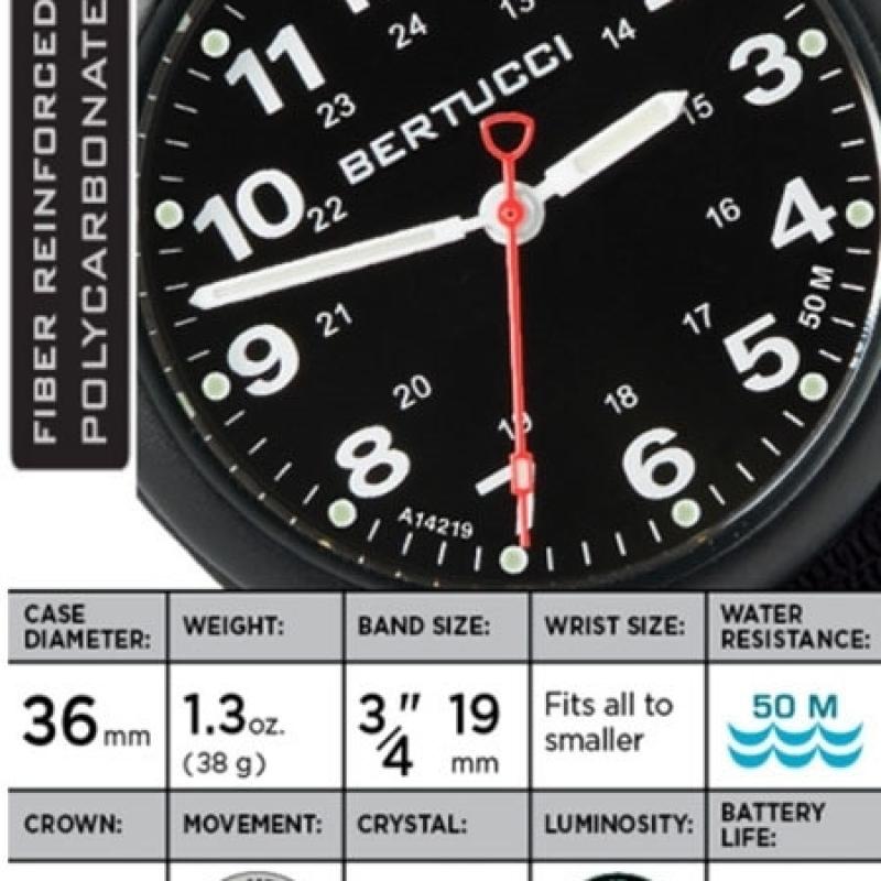 Bertucci A-1R Field Comfort watch with fiber reinforced polycarbonate Unibody case, Black Nylon Strap, Black Dial