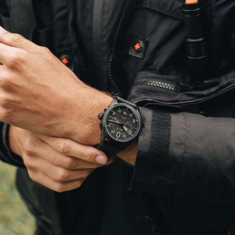 AVI-8 Spitfire Lock Chronograph, Slate Black, Japanese Meca-Quartz Chronograph, Black Dial, Leather Strap