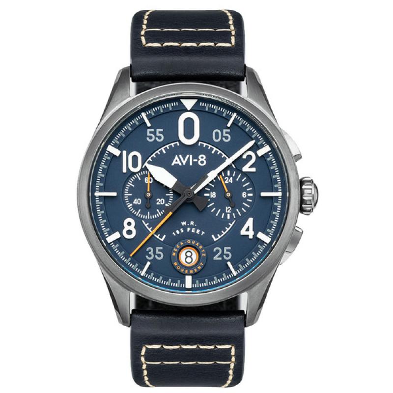AVI-8 Spitfire Lock Japanese Meca-Quartz Chronograph, Blue Dial, Leather Strap