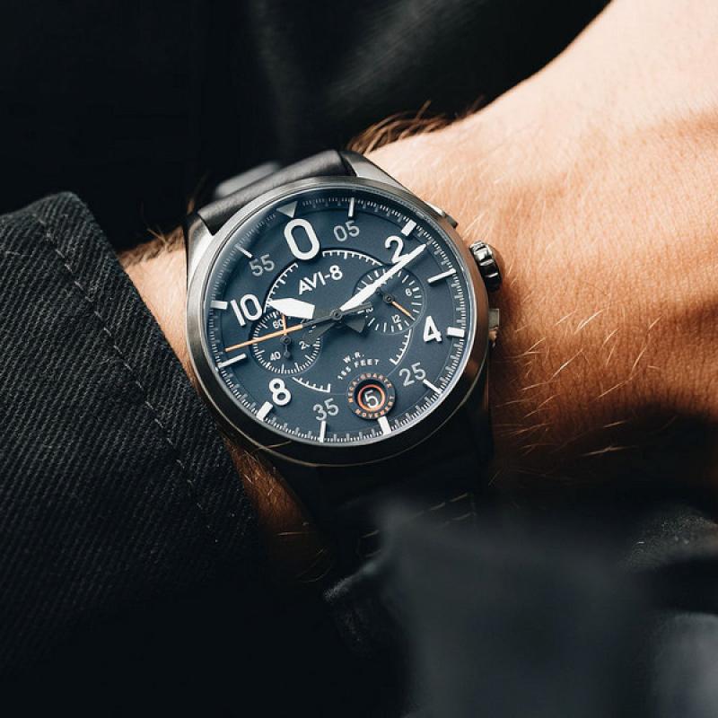 AVI-8 Spitfire Lock Japanese Meca-Quartz Chronograph, Blue Dial, Leather Strap